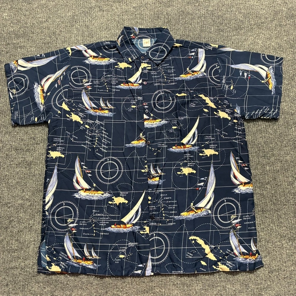 Creations Mens Button‎ Up Shirt Size Large Blue Nautical Sailor Map Short Sleeve